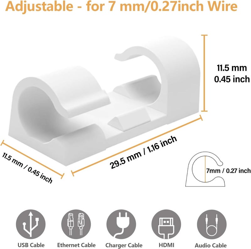 COMRUN 60 Pcs White Cable Clips with 3M Adhesive, Wire Holders Under Desk, Cord Management for Wall, Car, Ethernet, PC, Christmas Light Indoor/Outdoor - Image 3